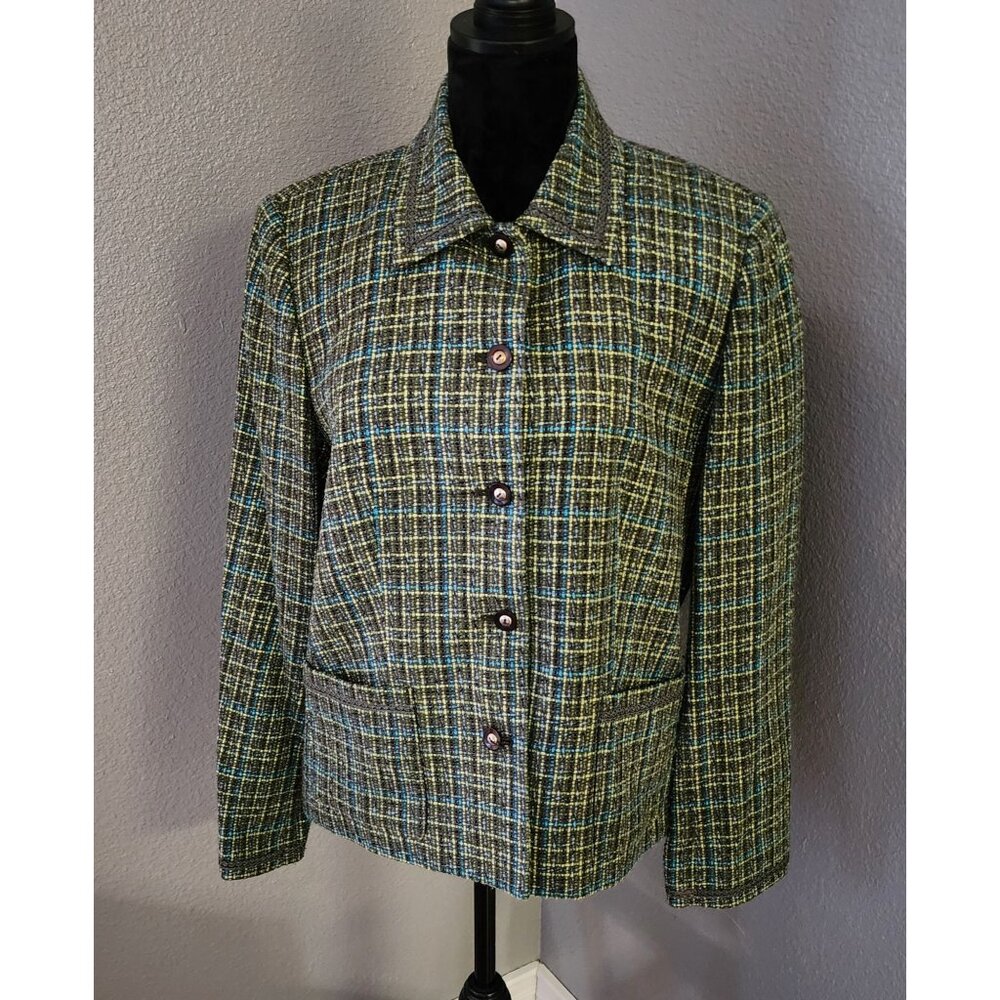 JM Collection Womens Tweed Button-Up Blazer Size 12 Green Blue Pockets Lined